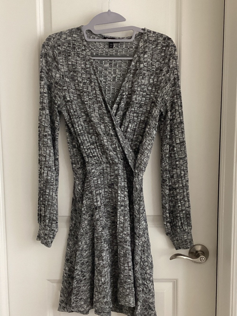 Express Gray Ribbed Wrap-Front Long Sleeve Dress